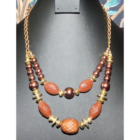 Vintage Rustic Glam Brown And Gold Tone Layered Beaded Necklace - Picture 1 of 3
